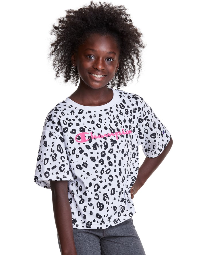 Champion Girls T-Shirt NZ - Boxy Leopard Print White ( 5842-PRWAF )